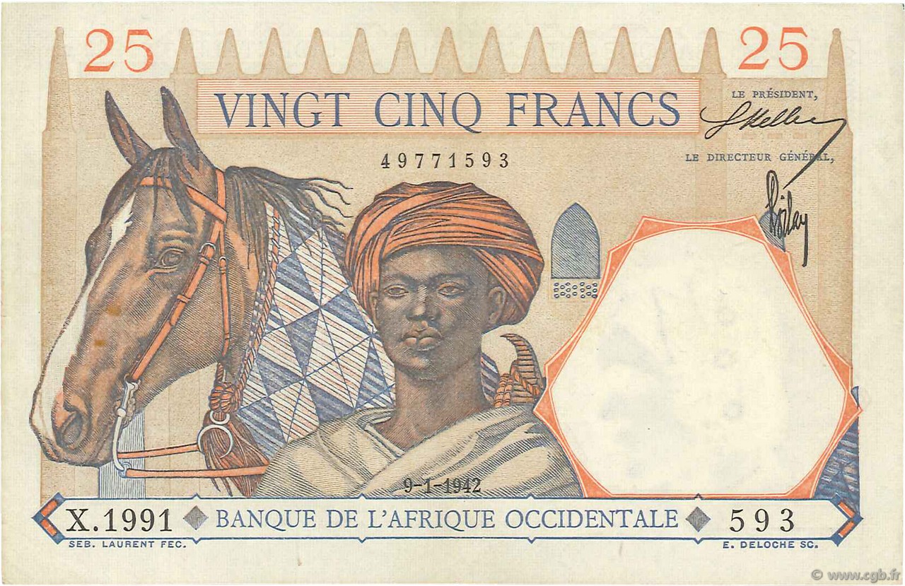 25 Francs FRENCH WEST AFRICA  1942 P.27 VF