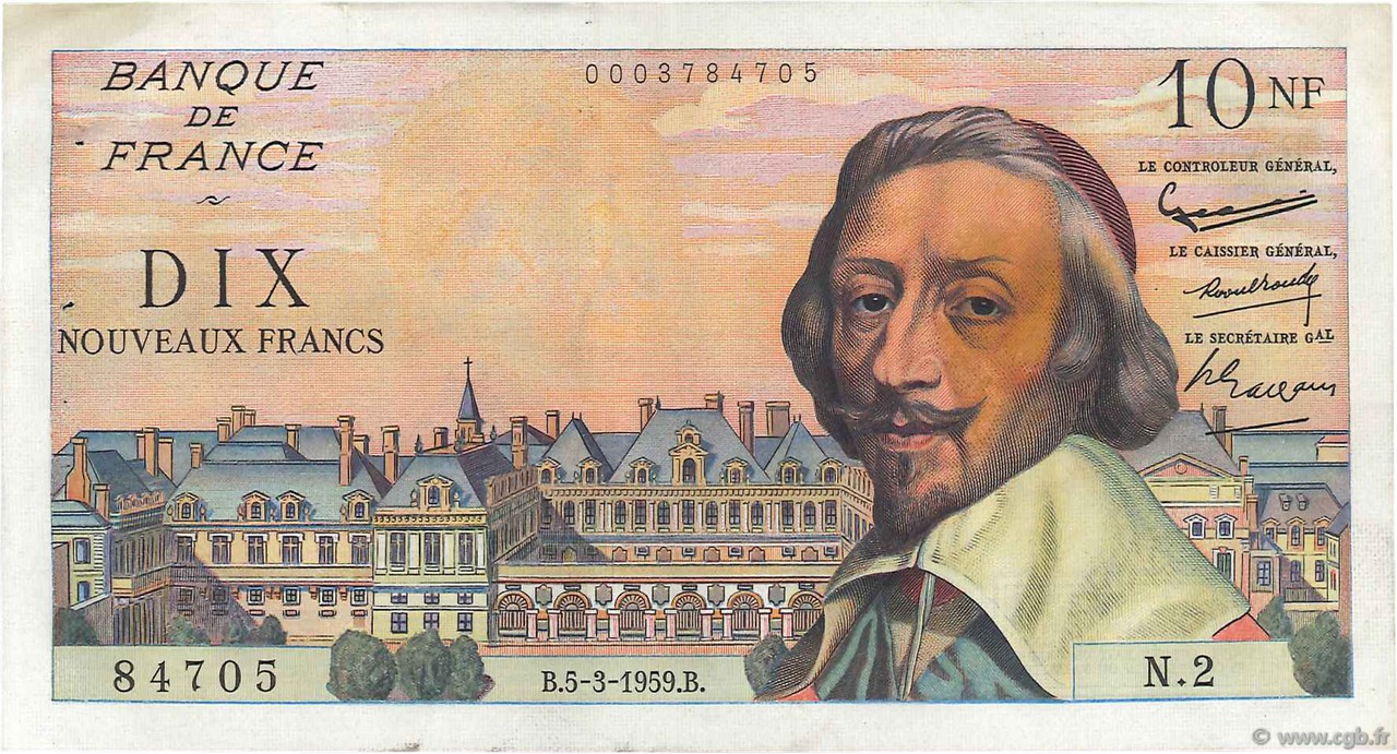 10 Nouveaux Francs RICHELIEU FRANCIA  1959 F.57.01 BB to SPL