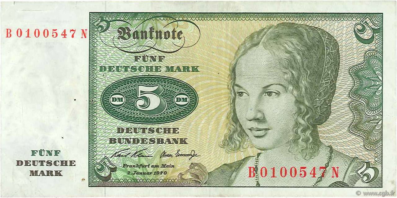5 Deutsche Mark GERMAN FEDERAL REPUBLIC  1970 P.30a MBC