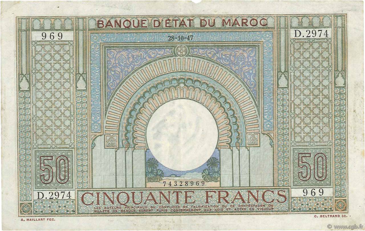 50 Francs MAROC  1947 P.21 TB