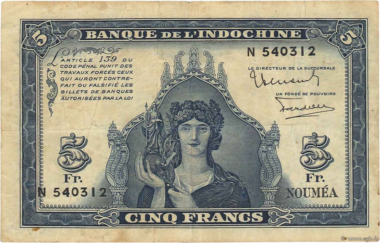 5 Francs NOUVELLE CALÉDONIE  1944 P.48 pr.TTB