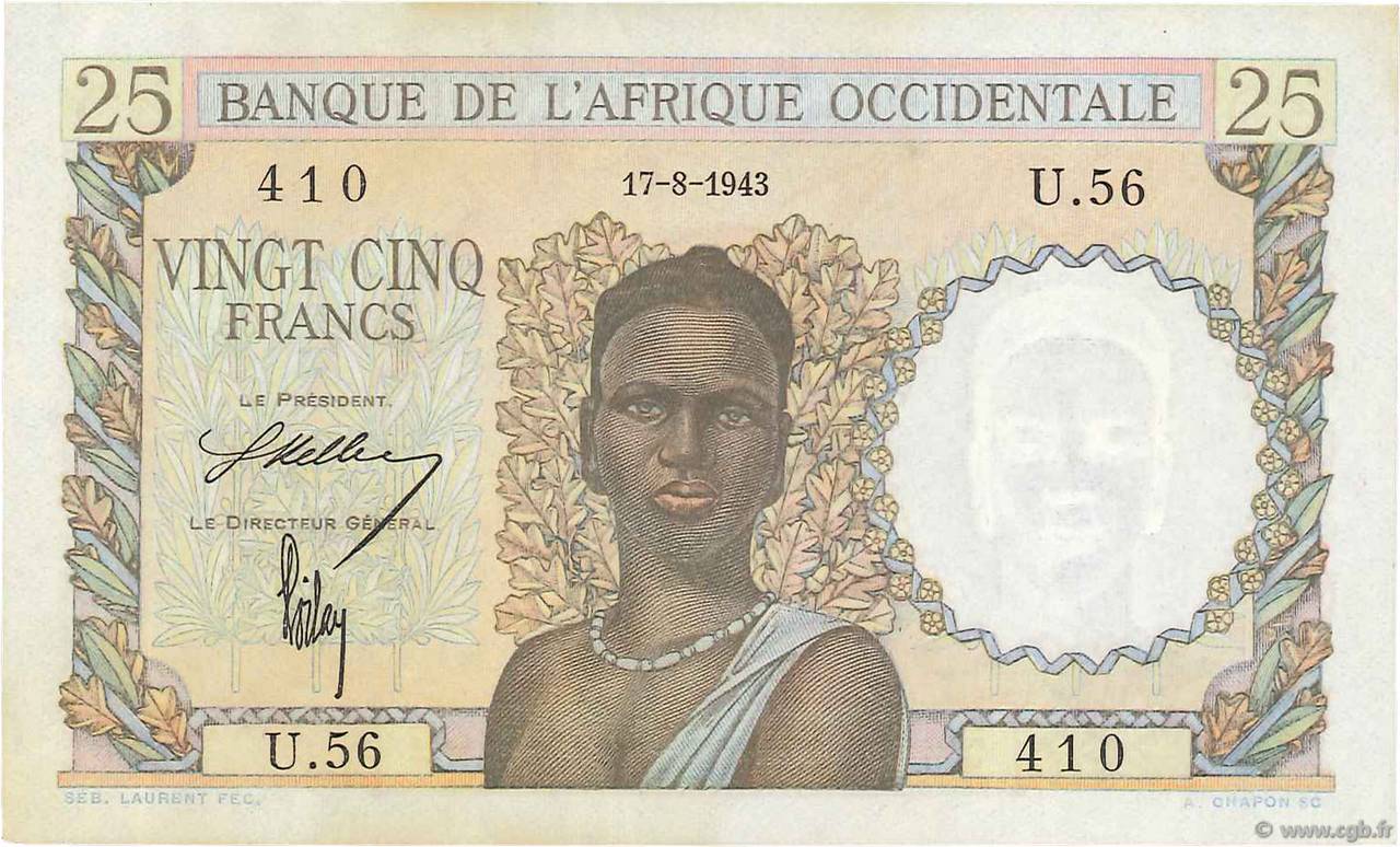 25 Francs FRENCH WEST AFRICA  1943 P.38 SC