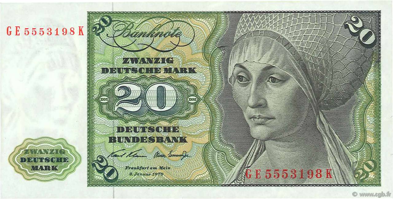 20 Deutsche Mark GERMAN FEDERAL REPUBLIC  1970 P.32a MBC+
