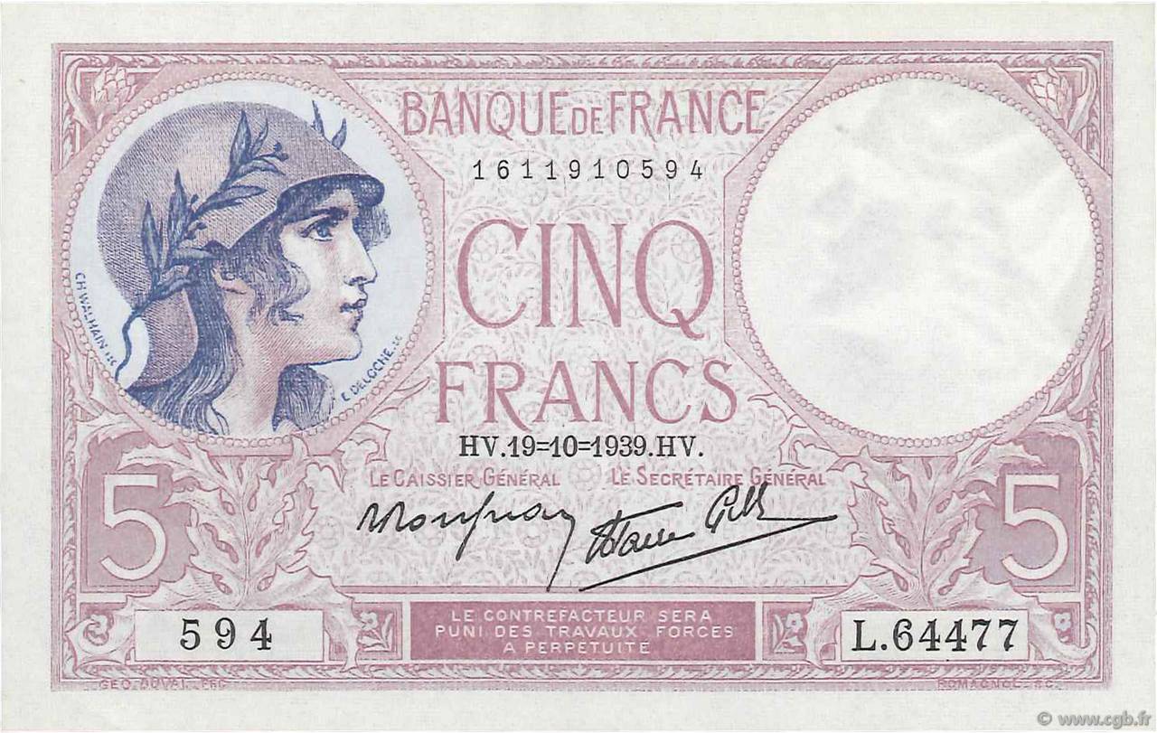 5 Francs FEMME CASQUÉE modifié FRANCIA  1939 F.04.12 EBC+