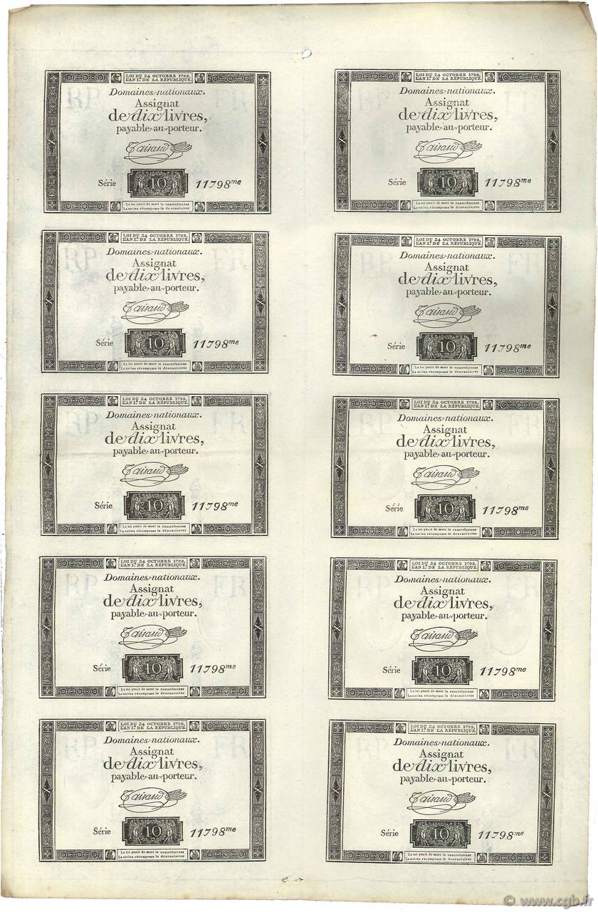10 Livres filigrane républicain Planche FRANCIA  1792 Ass.36c SPL