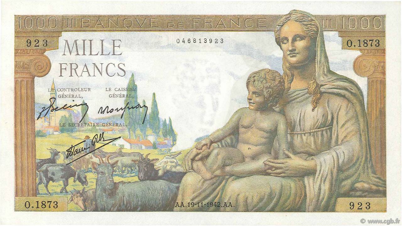 1000 Francs DÉESSE DÉMÉTER FRANCE  1942 F.40.11 pr.NEUF