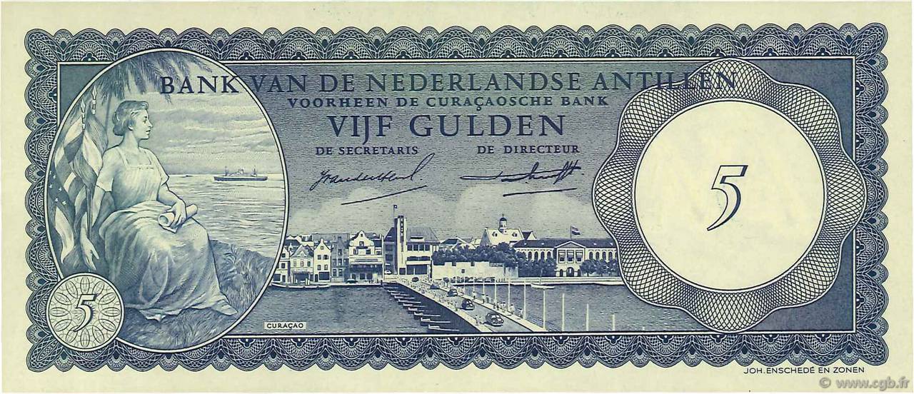 5 Gulden NETHERLANDS ANTILLES  1962 P.01a fST+