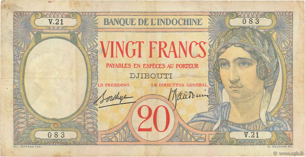 20 Francs DJIBUTI  1928 P.07A BB