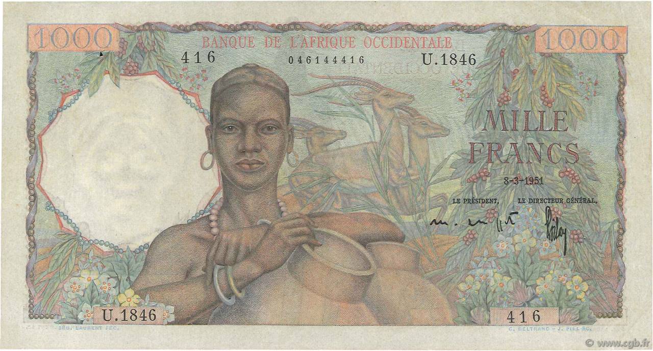 1000 Francs FRENCH WEST AFRICA  1951 P.42 MBC+