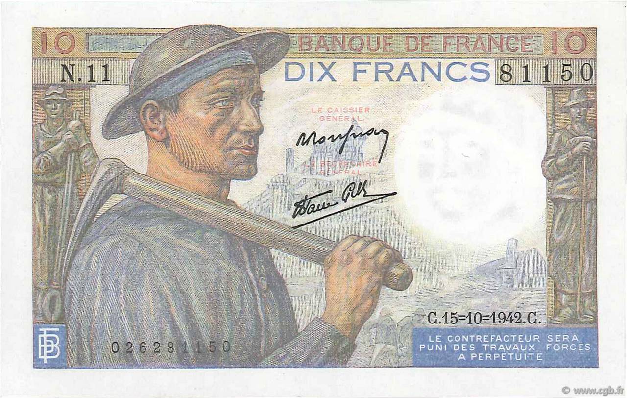 10 Francs MINEUR FRANCIA  1942 F.08.04 SC+