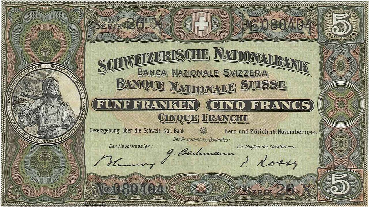 5 Francs SUISSE  1944 P.11k XF+