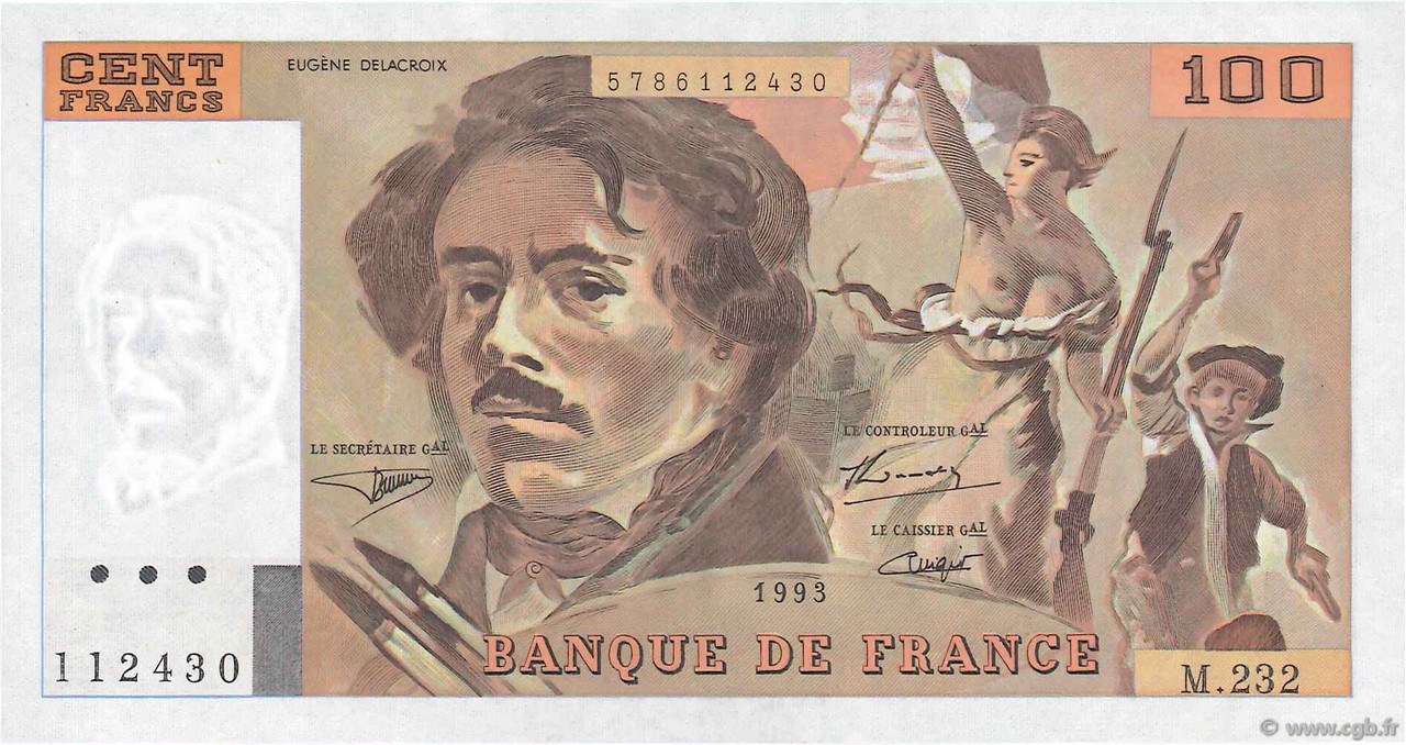 100 Francs DELACROIX imprimé en continu FRANKREICH  1993 F.69bis.08 fST+