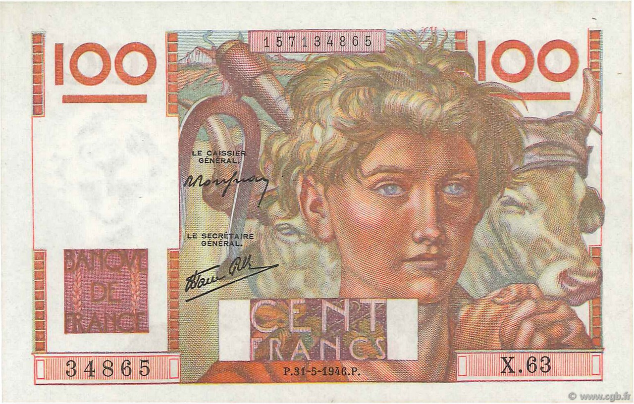 100 Francs JEUNE PAYSAN FRANCIA  1946 F.28.05 SPL+