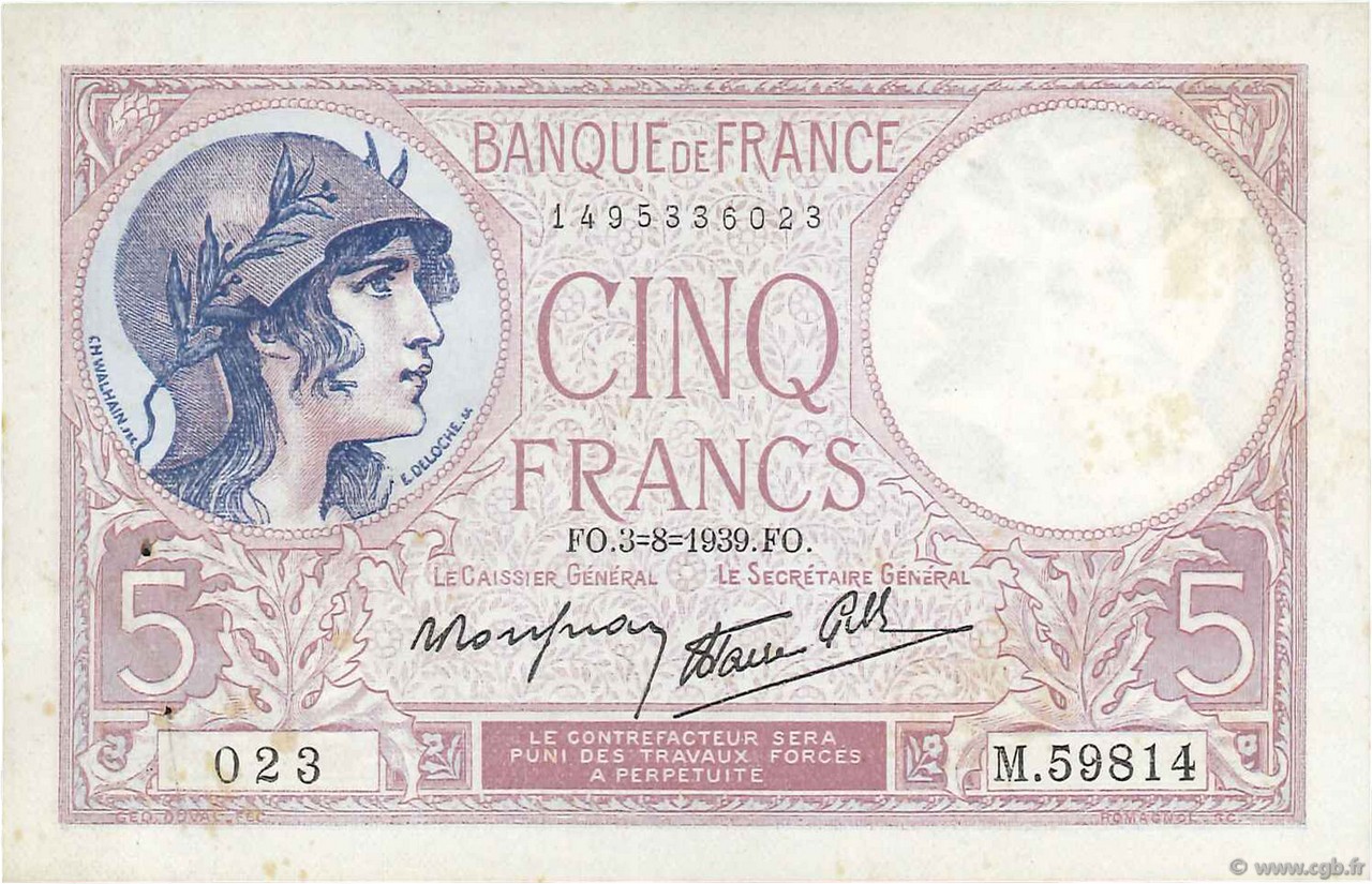5 Francs FEMME CASQUÉE modifié FRANKREICH  1939 F.04.04 fST