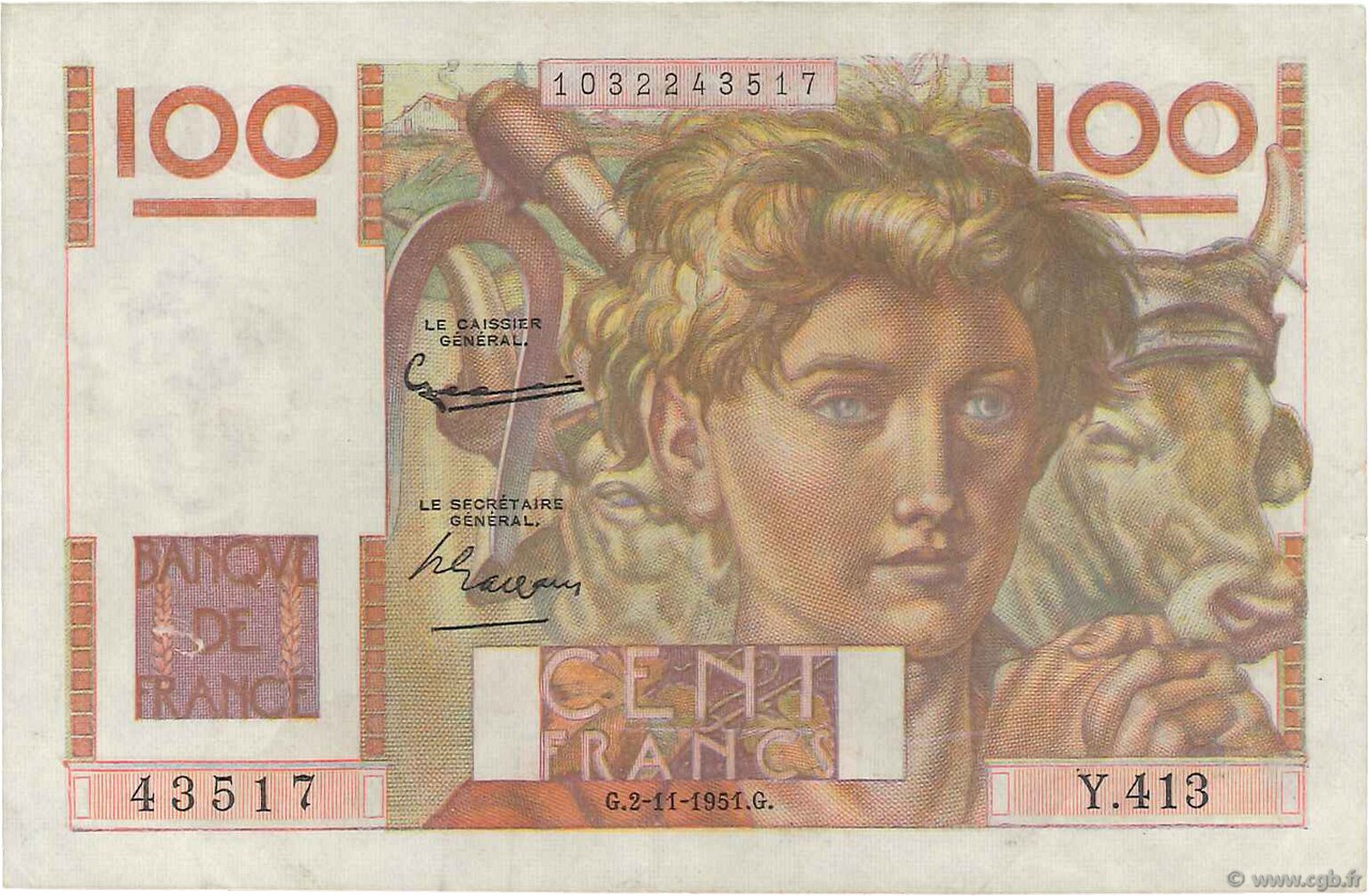 100 Francs JEUNE PAYSAN FRANKREICH  1951 F.28.30 fVZ