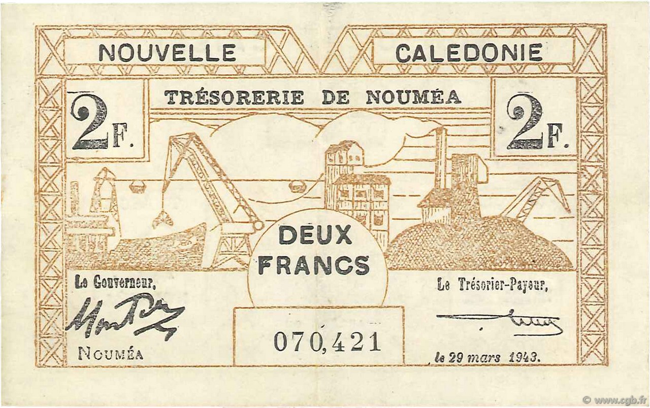 2 Francs NEW CALEDONIA  1943 P.56a XF
