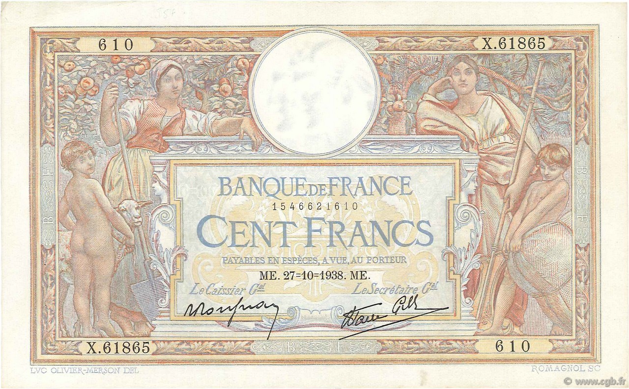 100 Francs LUC OLIVIER MERSON type modifié FRANCE  1938 F.25.33 XF-