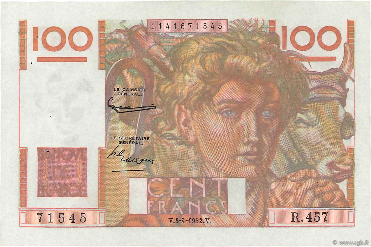 100 Francs JEUNE PAYSAN FRANKREICH  1952 F.28.32 VZ+