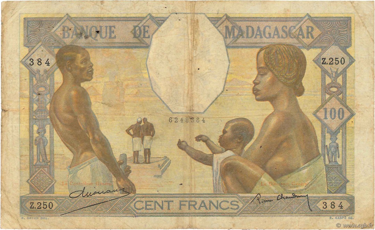 100 Francs MADAGASCAR  1937 P.040 B+ à TB