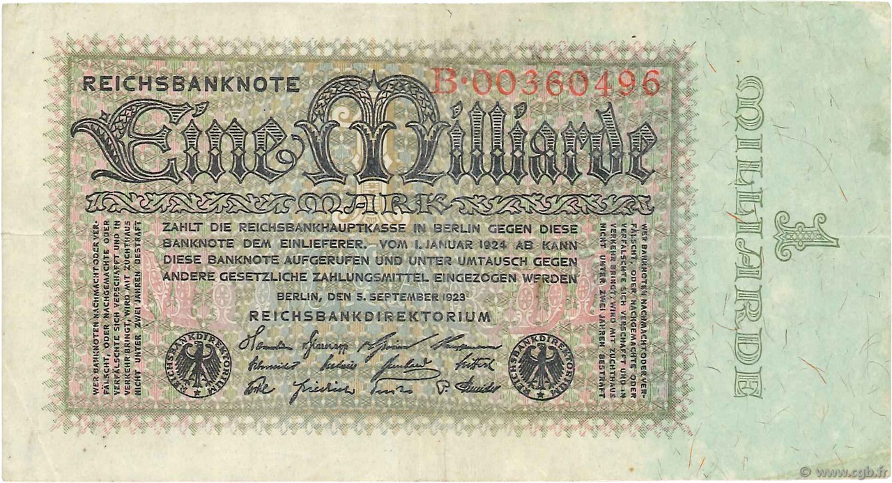 1 Milliard Mark GERMANY  1923 P.114 VF