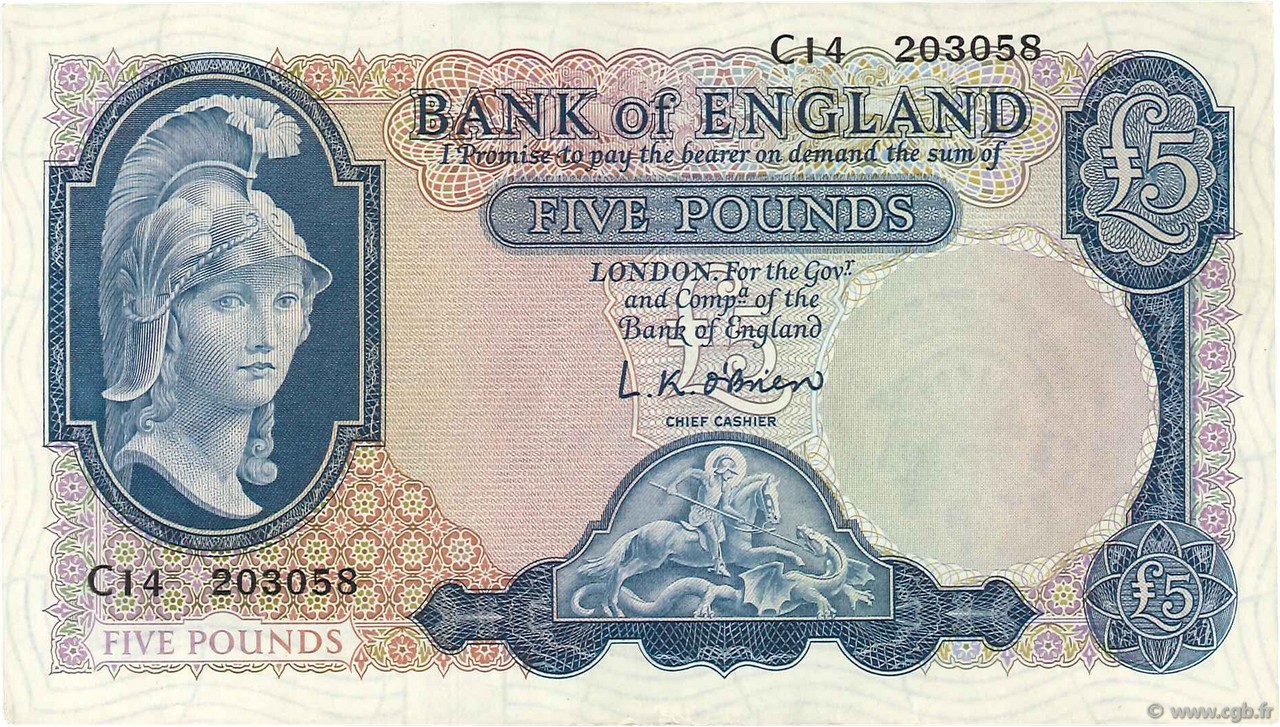 5 Pounds ENGLAND  1957 P.371a XF