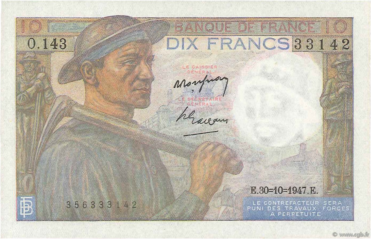 10 Francs MINEUR FRANCIA  1947 F.08.18 q.FDC