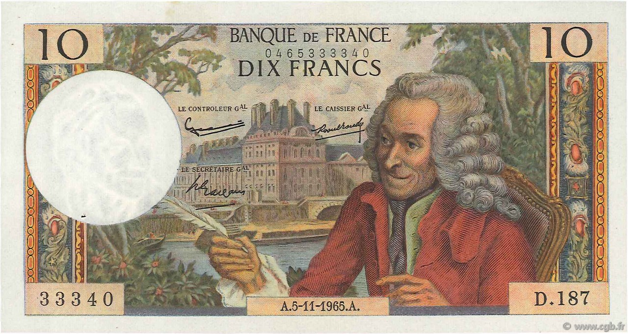 10 Francs VOLTAIRE FRANKREICH  1965 F.62.17 VZ