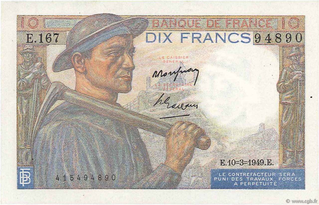 10 Francs MINEUR FRANKREICH  1949 F.08.20 fST+