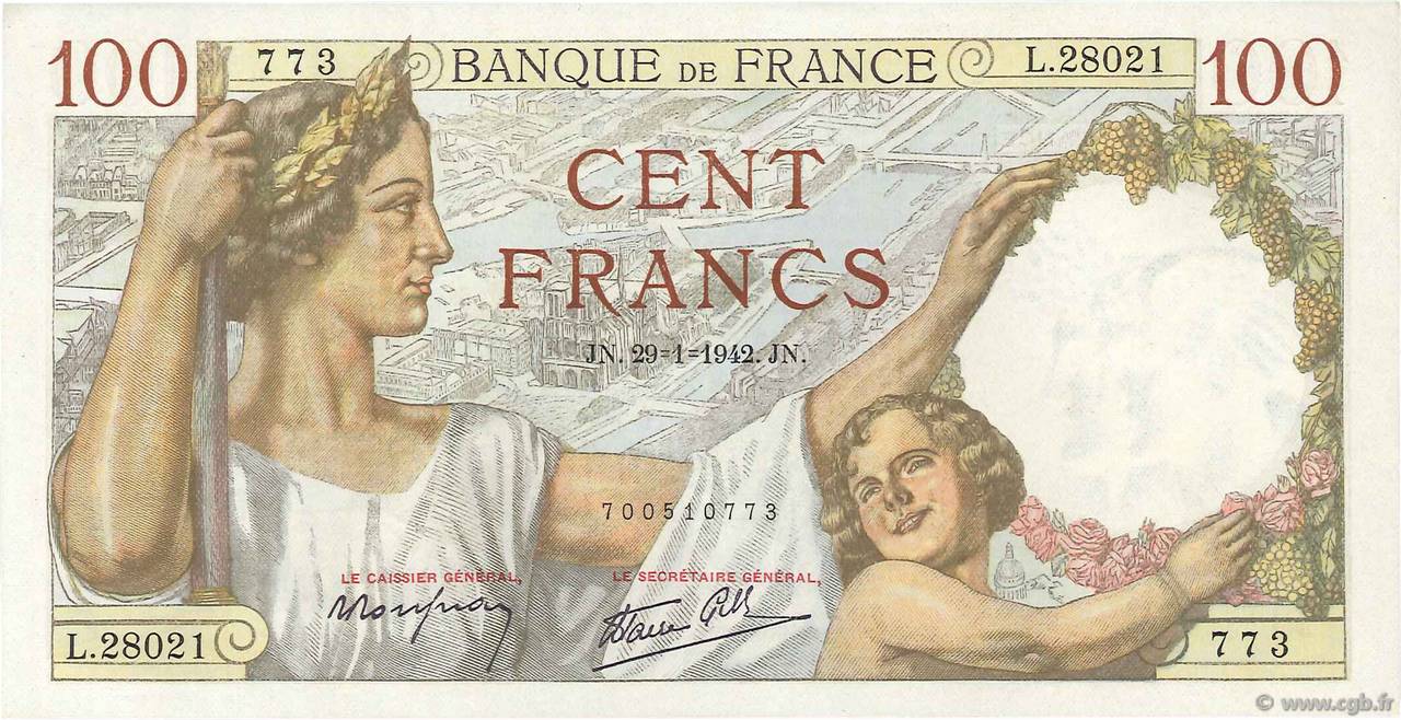 100 Francs SULLY FRANCE  1942 F.26.65 pr.NEUF