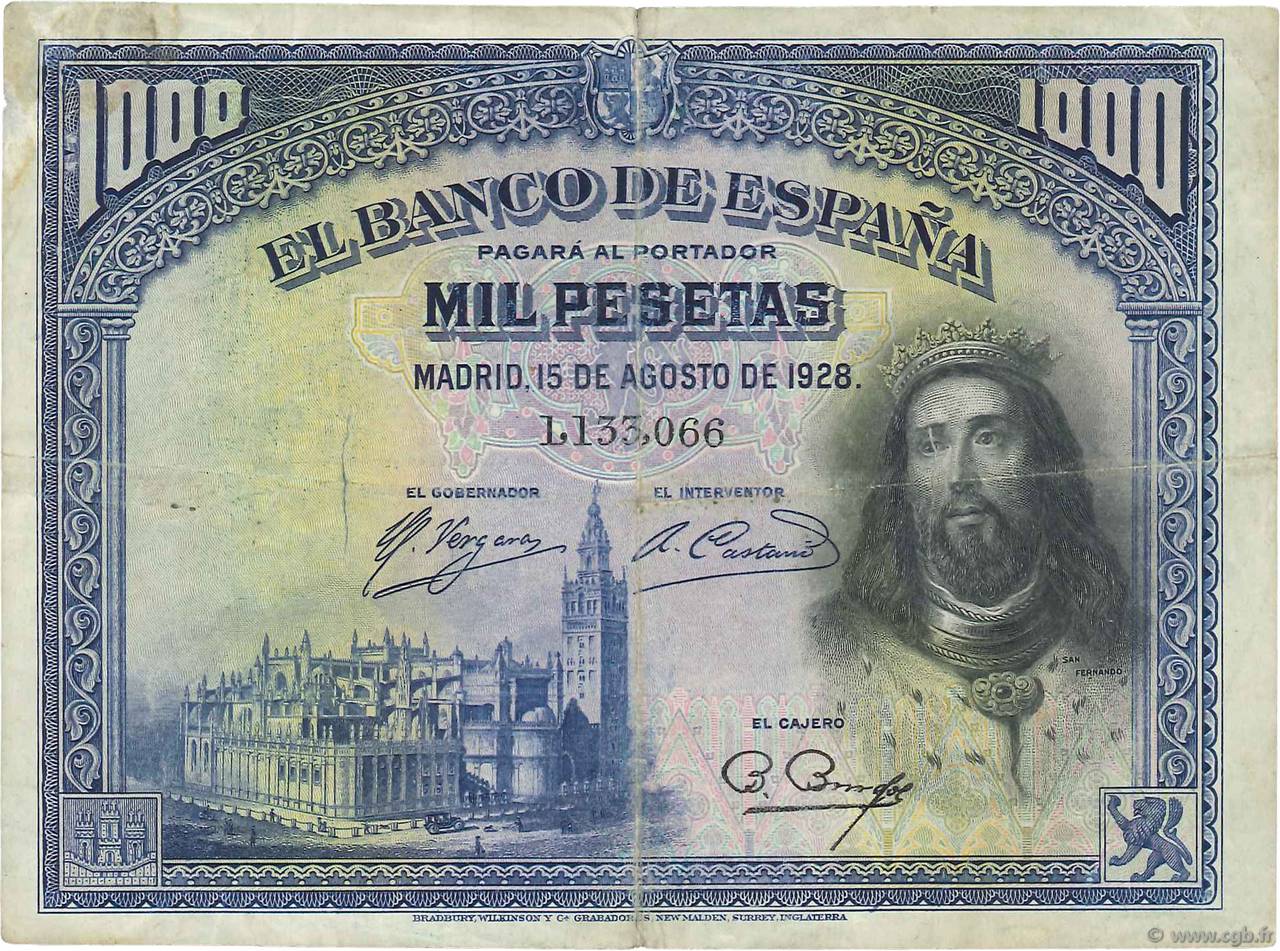 1000 Pesetas SPAGNA  1928 P.078a MB