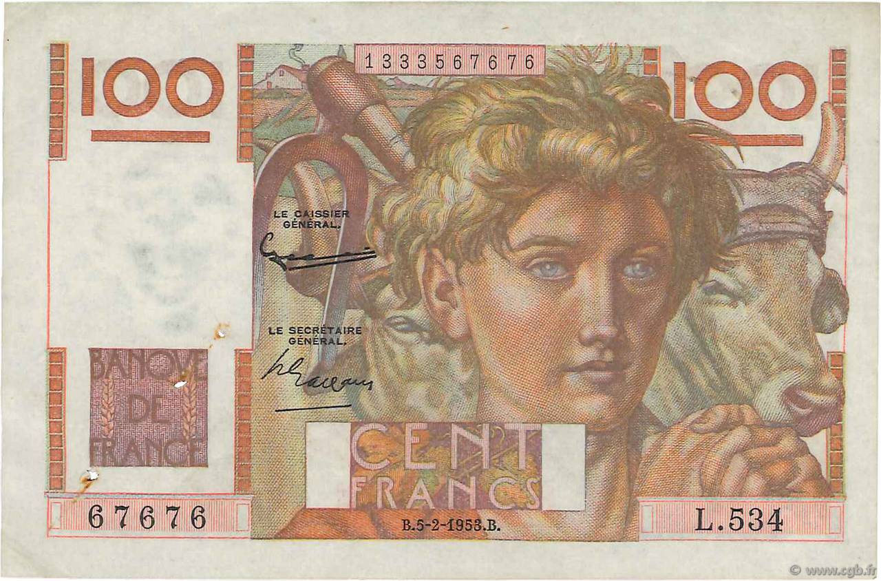 100 Francs JEUNE PAYSAN FRANCIA  1953 F.28.36 SPL