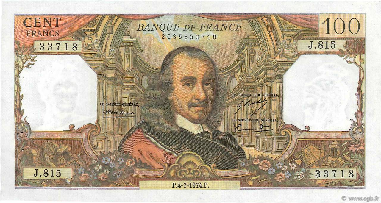 100 Francs CORNEILLE FRANCIA  1974 F.65.46 EBC+ a SC