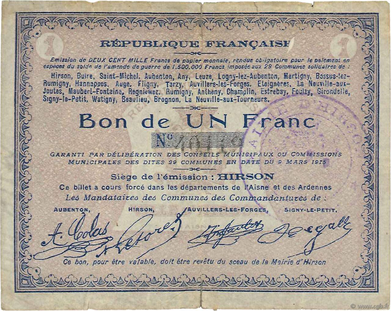 1 Franc FRANCE Regionalismus und verschiedenen  1915 JP.02-1188 SS