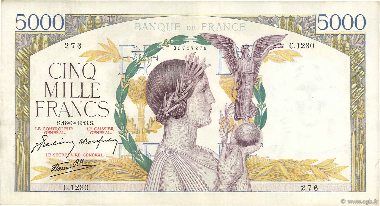5000 Francs VICTOIRE Impression à plat FRANKREICH  1943 F.46.49 fVZ