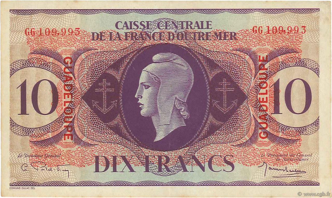 10 Francs GUADELOUPE  1944 P.27a XF-