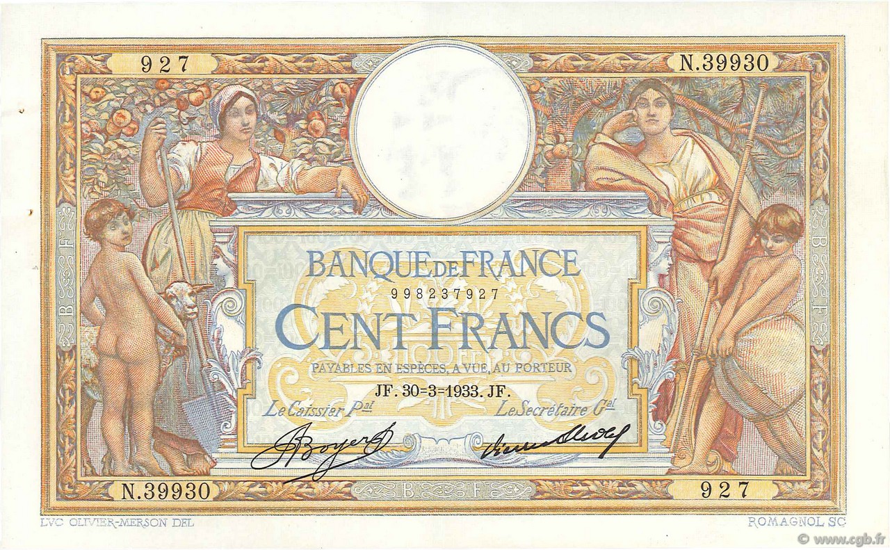 100 Francs LUC OLIVIER MERSON grands cartouches FRANCIA  1933 F.24.12 EBC