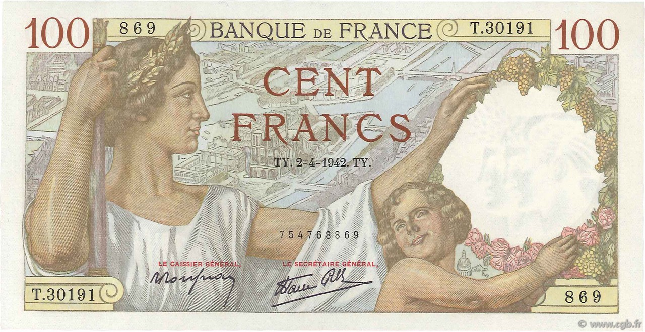 100 Francs SULLY FRANCE  1942 F.26.69 UNC-