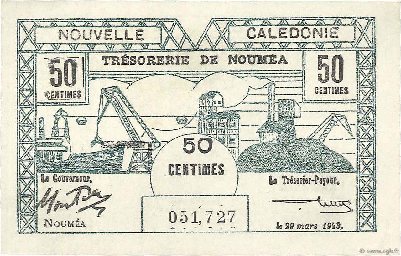 50 Centimes NEW CALEDONIA  1943 P.54 AU