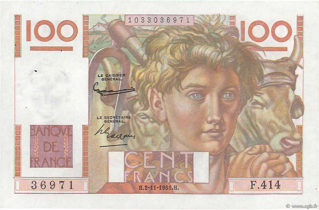 100 Francs JEUNE PAYSAN FRANCE  1951 F.28.30 XF+