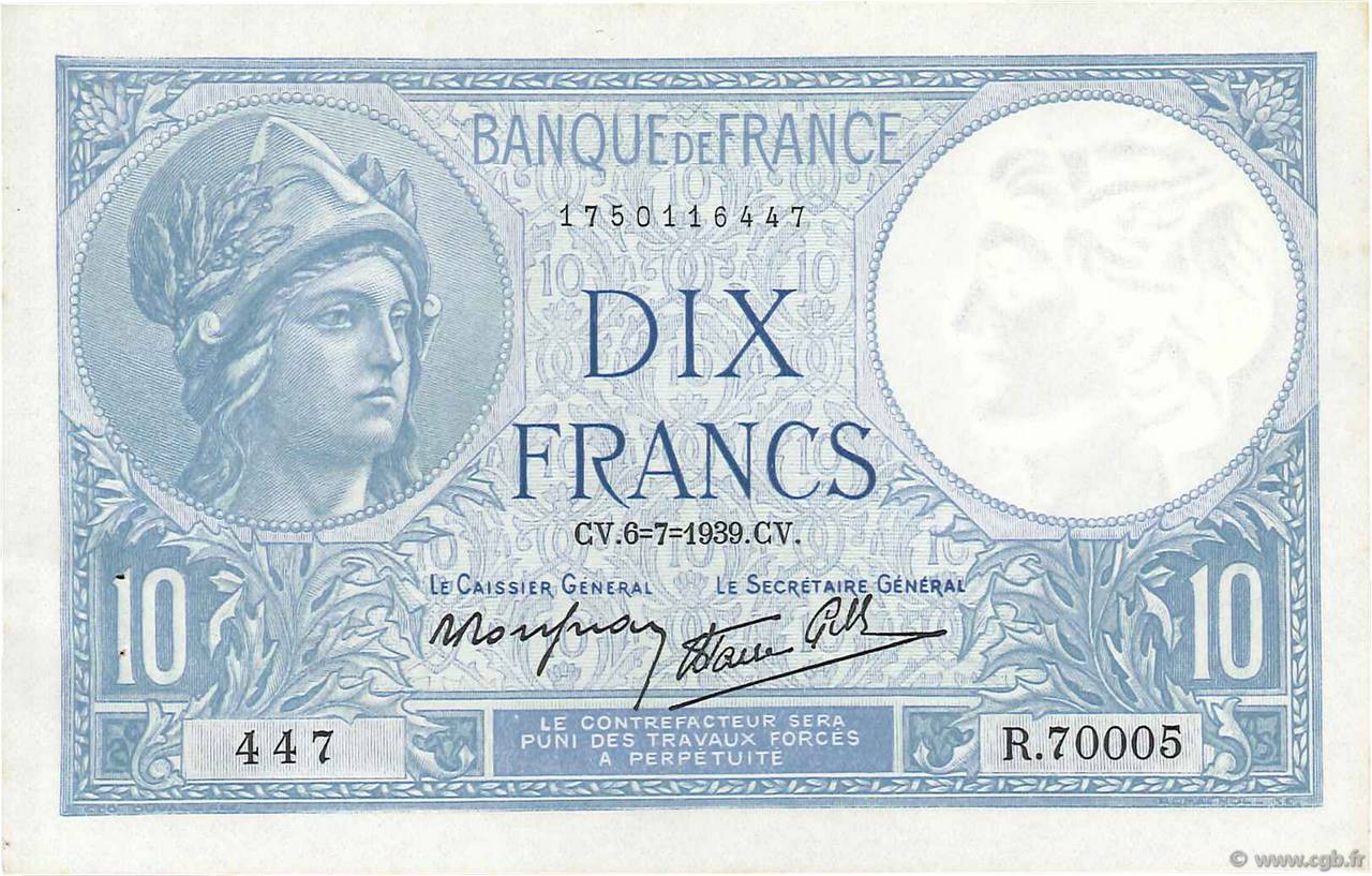 10 Francs MINERVE modifié FRANKREICH  1939 F.07.04 fST