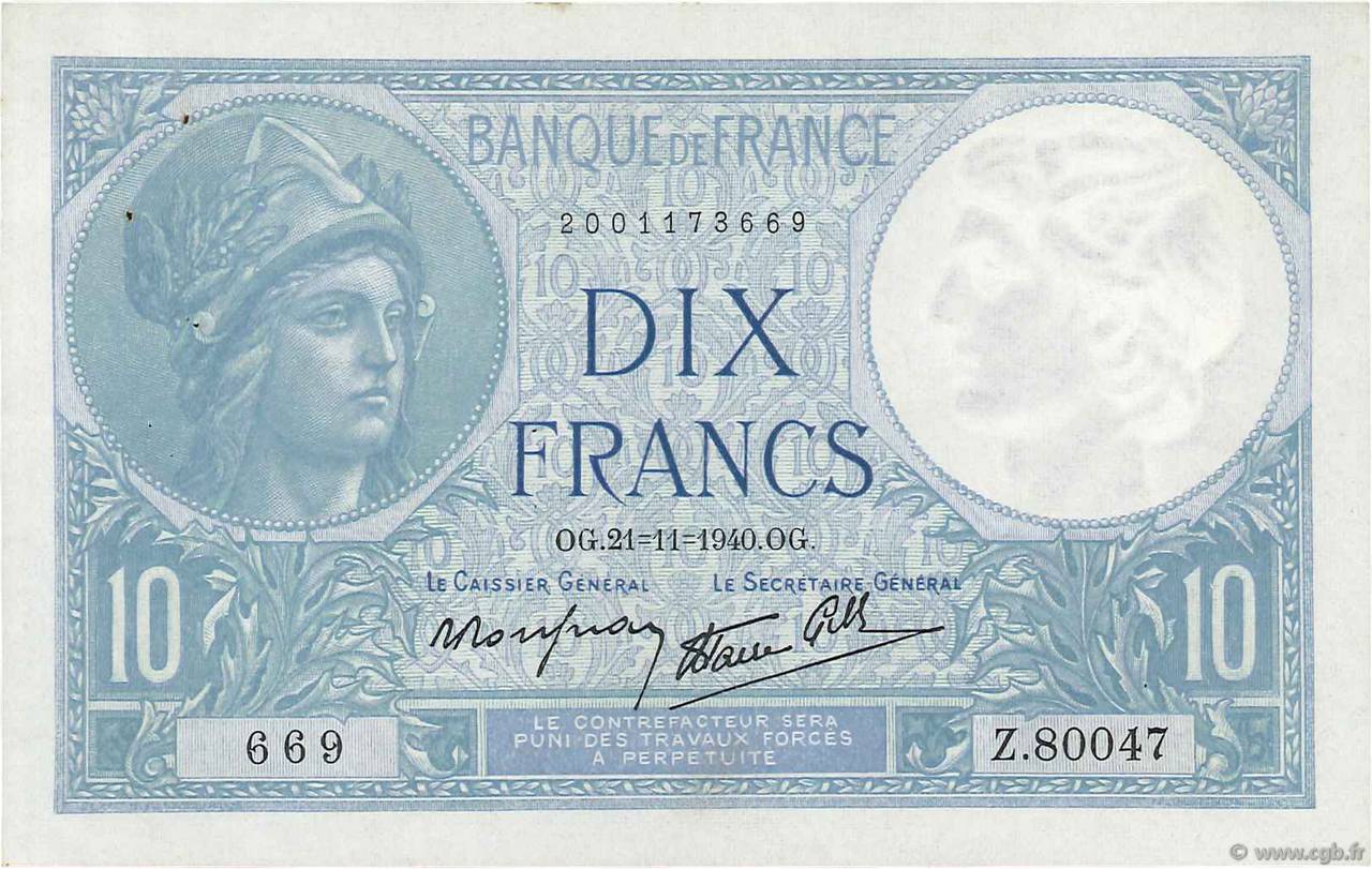 10 Francs MINERVE modifié FRANCIA  1940 F.07.21 SPL