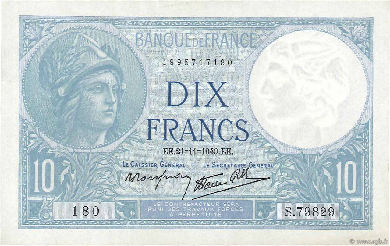 10 Francs MINERVE modifié FRANCE  1940 F.07.21 AU-