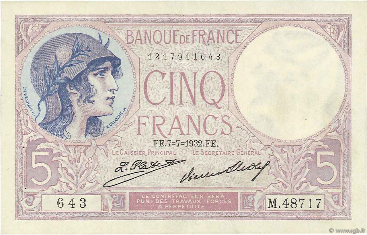 5 Francs FEMME CASQUÉE FRANCIA  1932 F.03.16 EBC+