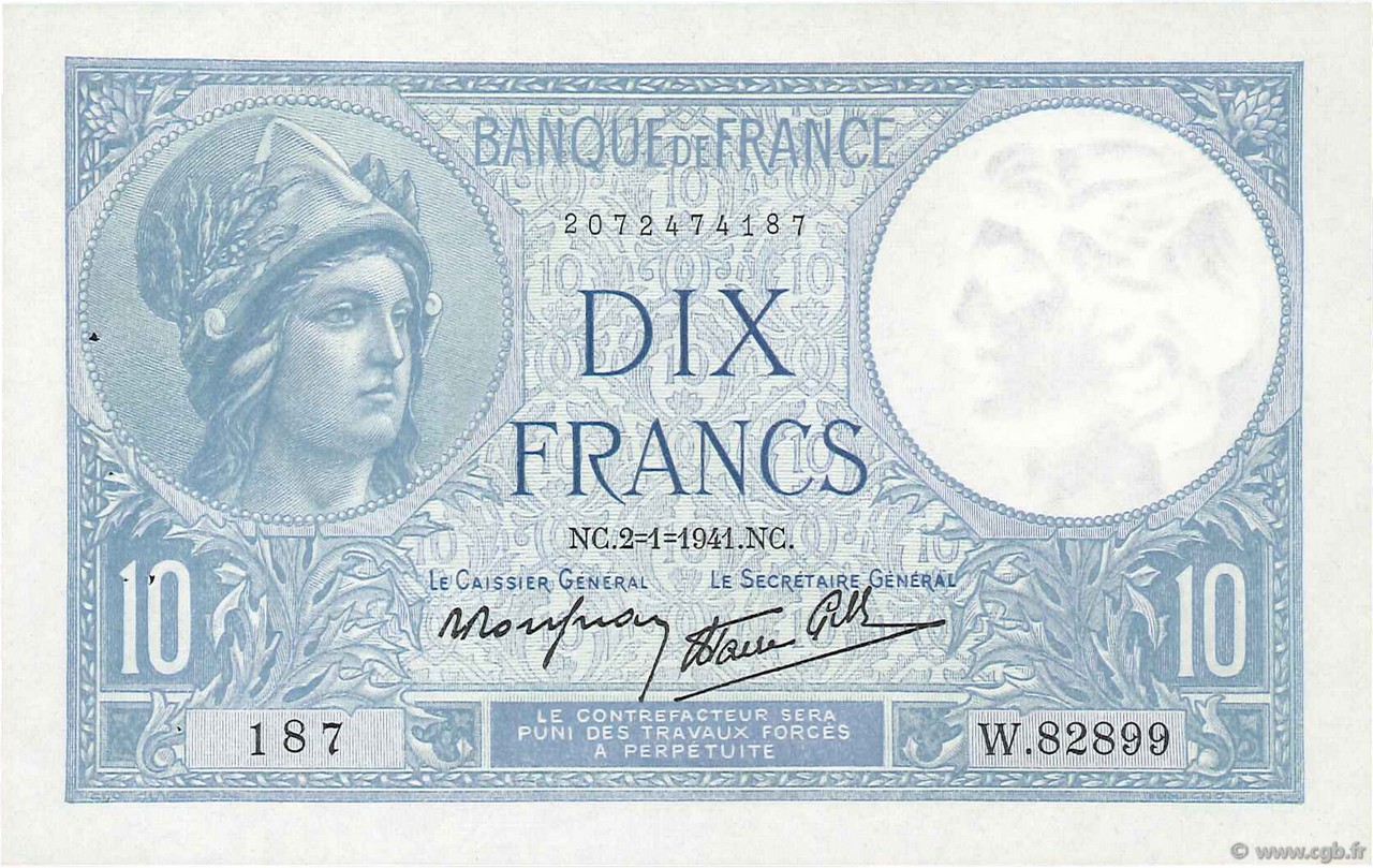 10 Francs MINERVE modifié FRANCE  1941 F.07.26 SUP+ à SPL