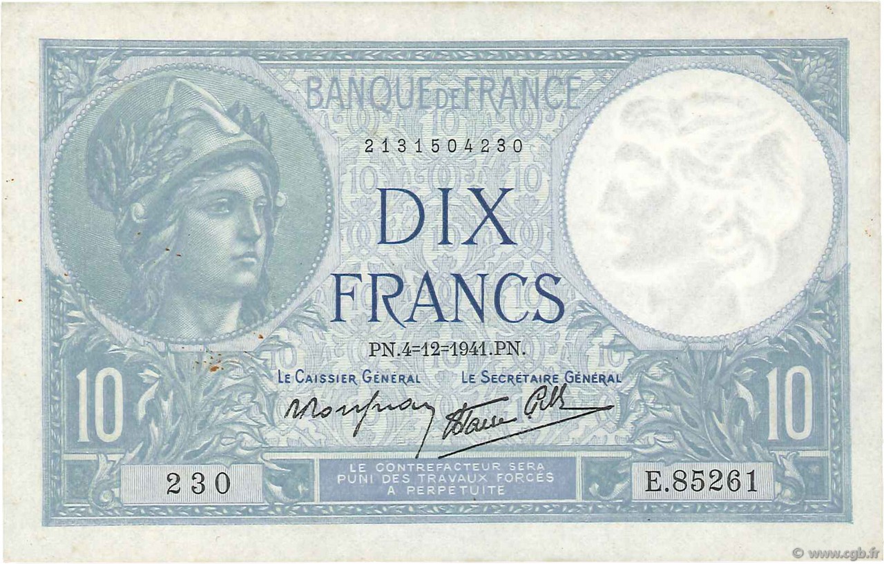 10 Francs MINERVE modifié FRANCIA  1941 F.07.30 EBC