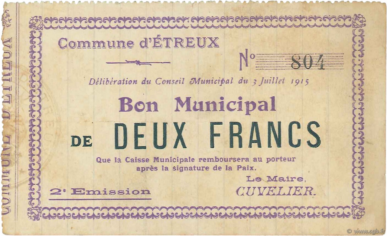 2 Francs FRANCE regionalismo y varios  1915 JP.02-0768 MBC