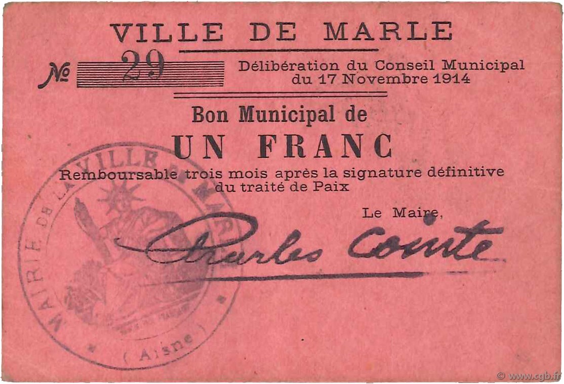 1 Franc FRANCE regionalism and various  1914 JP.02-1439 VF+