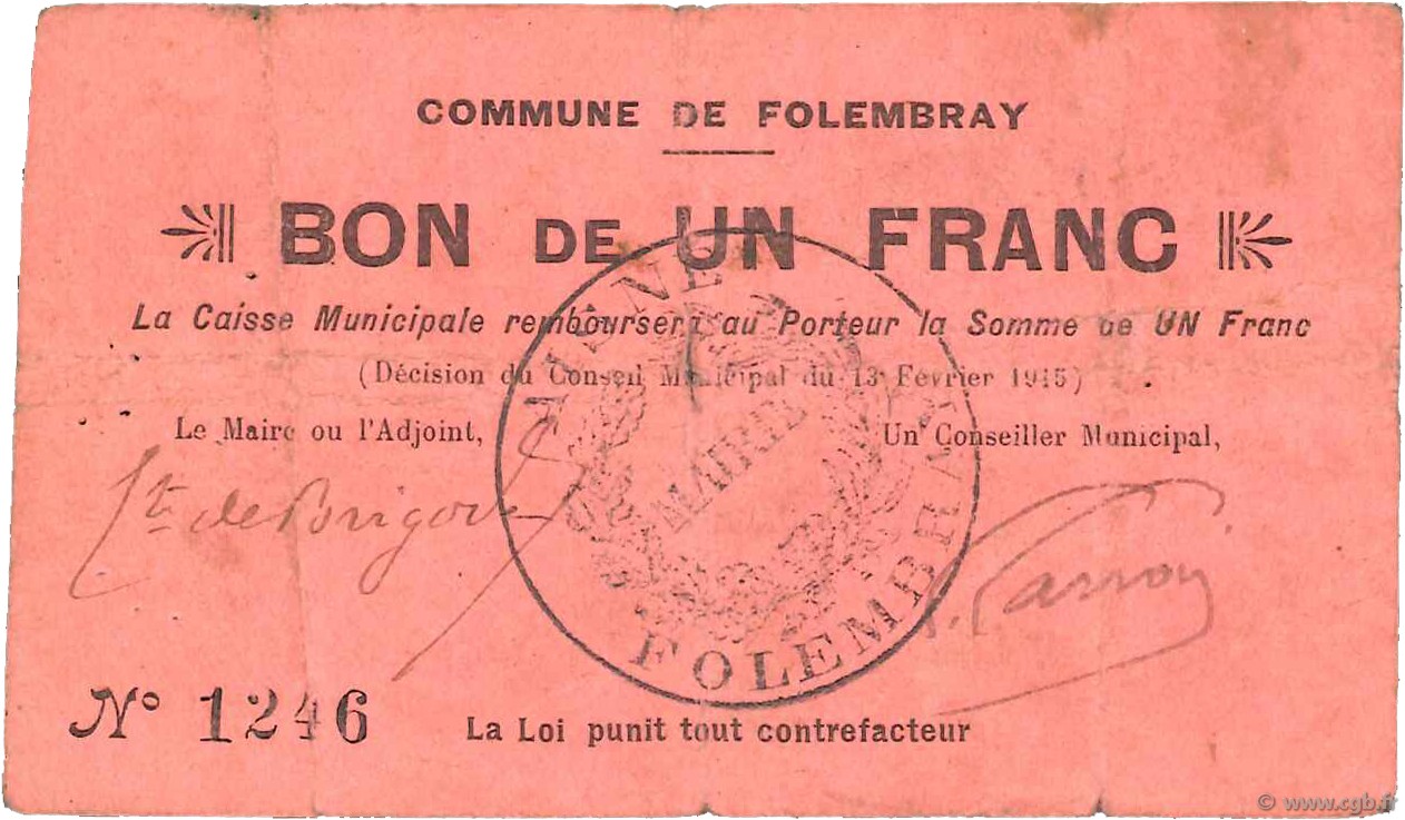 1 Franc FRANCE Regionalismus und verschiedenen  1915 JP.02-0915 S