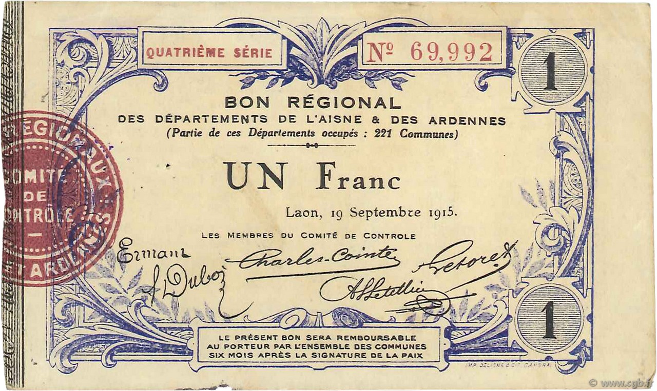 1 Franc FRANCE regionalism and various  1915 JP.02-1302 VF+