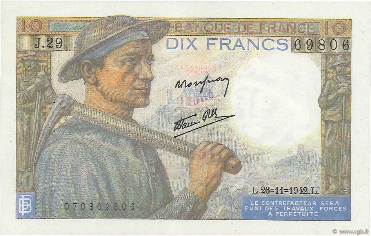 10 Francs MINEUR FRANKREICH  1942 F.08.06 VZ+